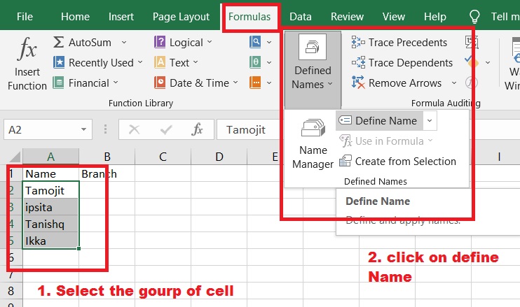 How to define Name in MS Excel